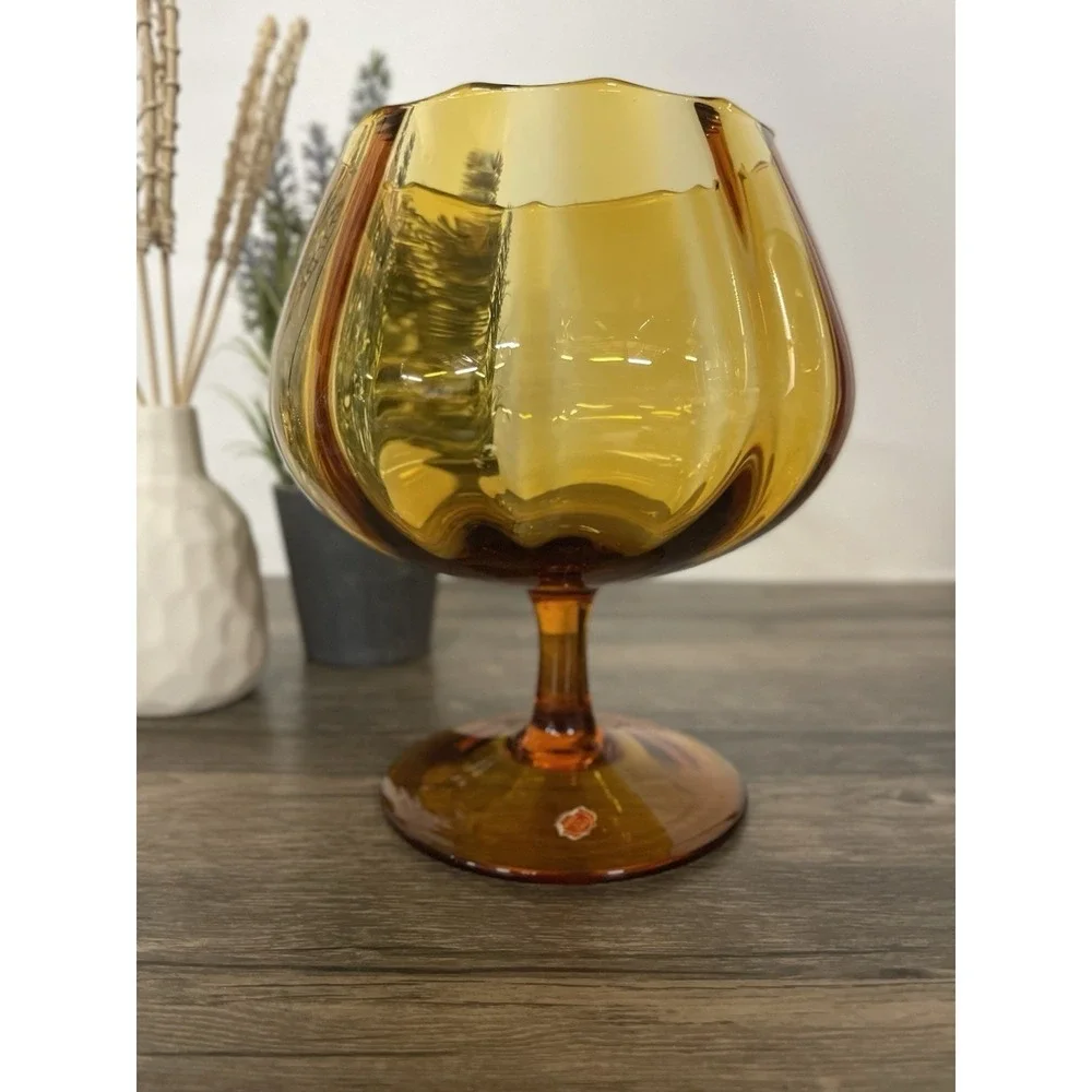 Vintage Italian Amber Glass Brandy Snifter Vase Optic Ribbed Scalloped Rim 8in